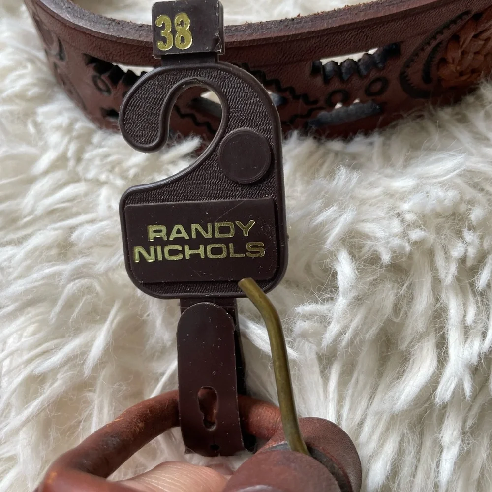 Randy Nichols Handmade Brown Tooled Western Rodeo Leather belt with woven accent
